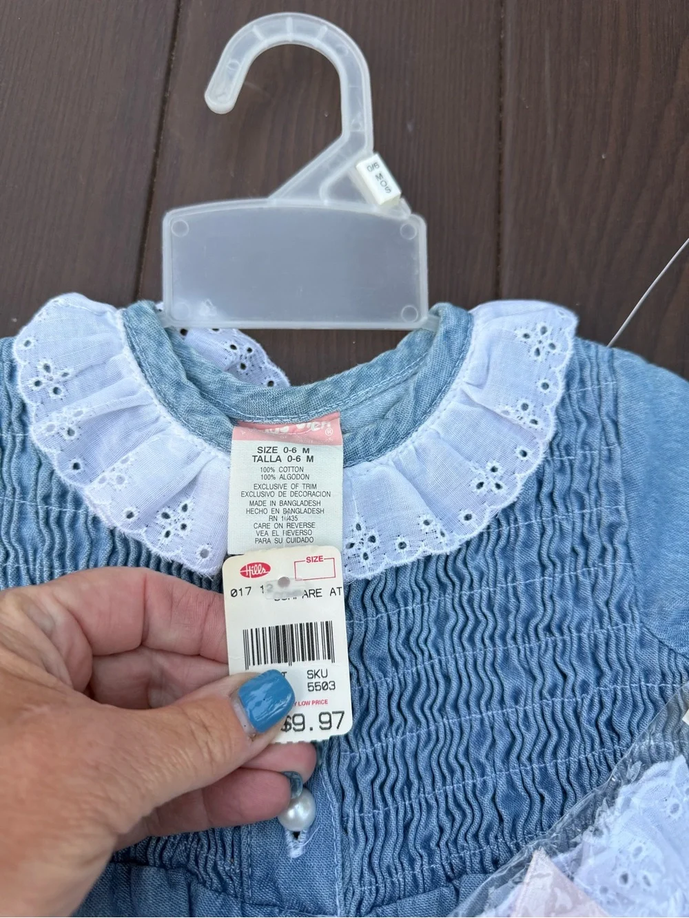 Vintage Blue Smocked Baby One-Piece Eyelet Collar hills department